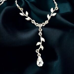 Vintage Silver Tone CZ  Leaf Y Necklace